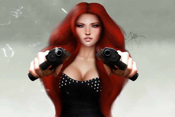 Art girl with cleavage and pistols