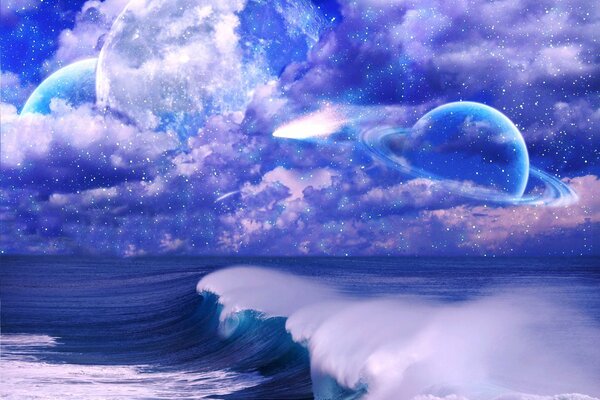 Sea waves, sky and space in violet-blue color