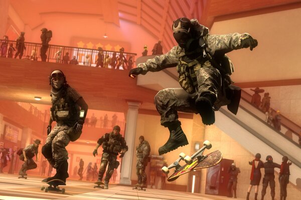 Soldaten auf einem Skateboard machen Tricks