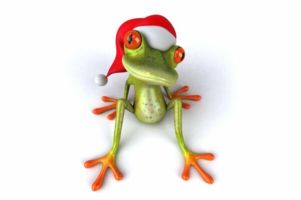 Ein gezeichneter Frosch in der Mütze des Weihnachtsmannes