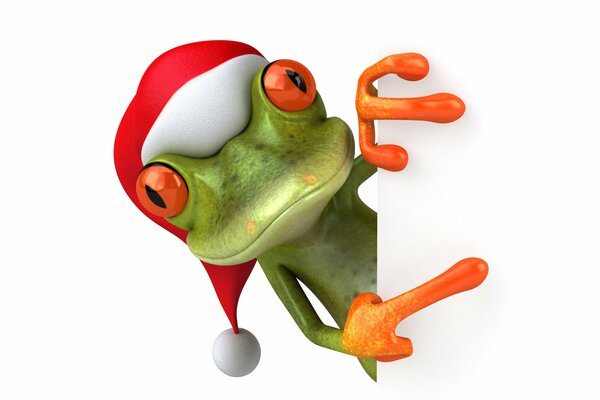 A frog smiles from around the corner in a New Year s hat