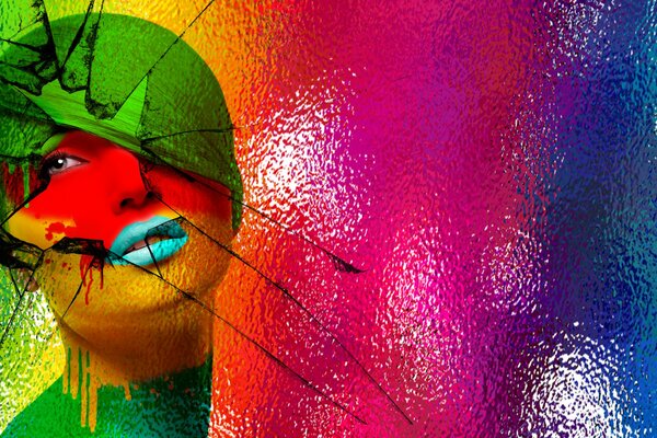 Абстракция девушки за стеклом с разноцветным лицом