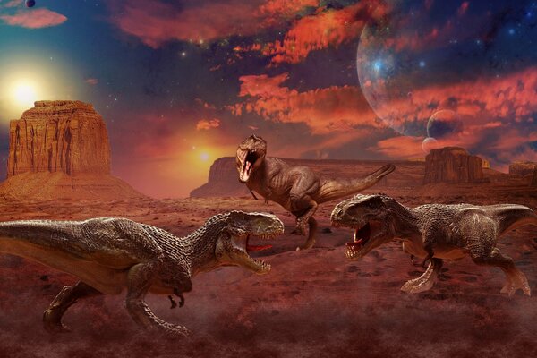 Futuristic landscape with tyrannosaurs in space