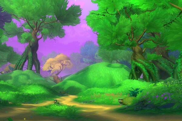 Cartoon paysage de verts vifs et violet couleurs