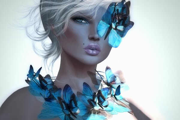 Rubia con un montón de mariposas azules