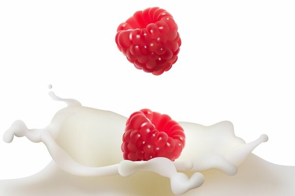 Two raspberries fall into the milk