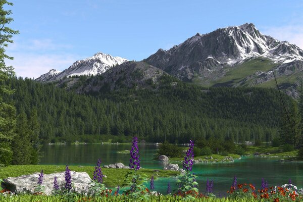 Paesaggio di montagna con fiume, fiori e foresta di conifere