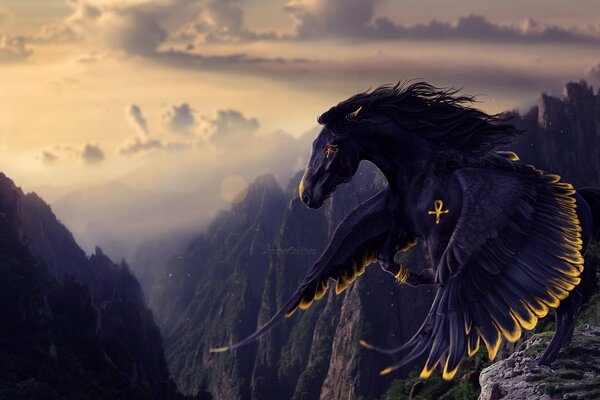 A black horse with glowing wings