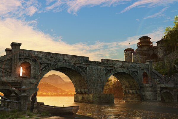 Mittelalterliche Brücke vor dem Hintergrund des Sonnenuntergangs und des Flusses