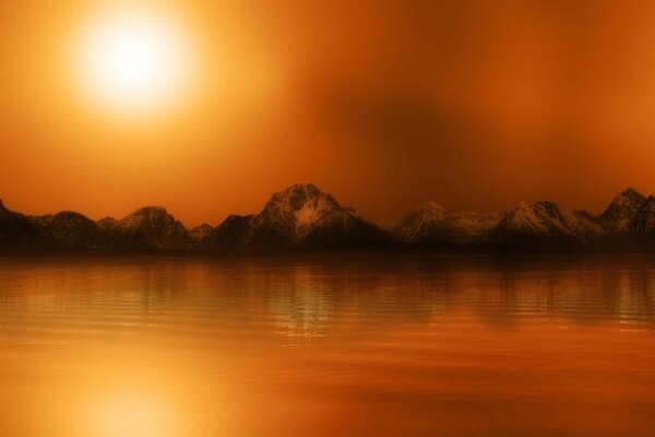 Sur le fond de la surface de l eau de la montagne et du soleil