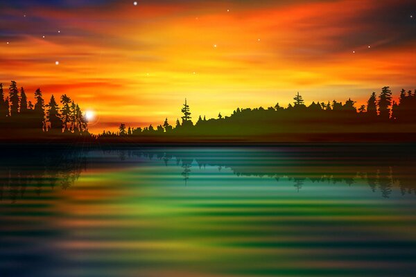 Pezage del lago de la puesta del sol rodeado por el bosque