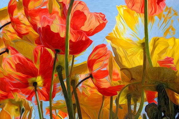 Painting with red and yellow tulips