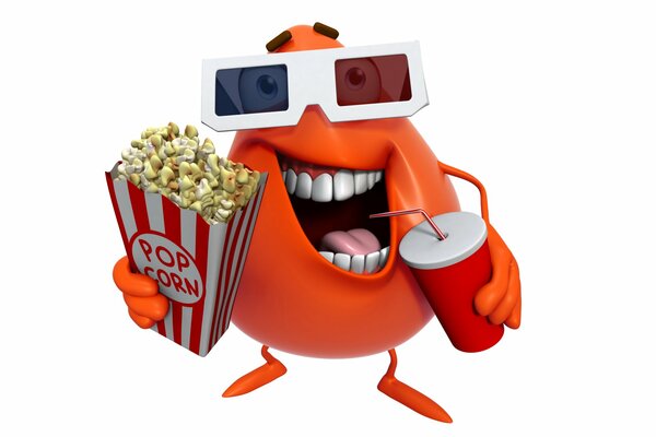 Cartoon smiling monster monster in a movie with popcorn in 3d