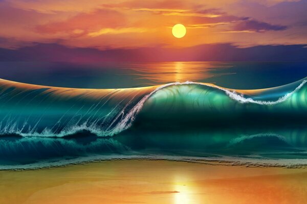 Sunset on the beach against the background of waves on the sea