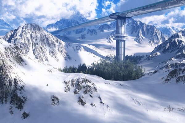 Berge an der Brücke an einem verschneiten Tag