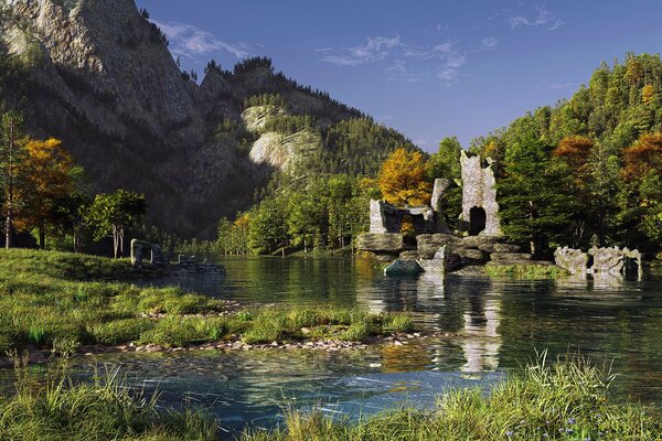 The ruins of the castle stand by the river