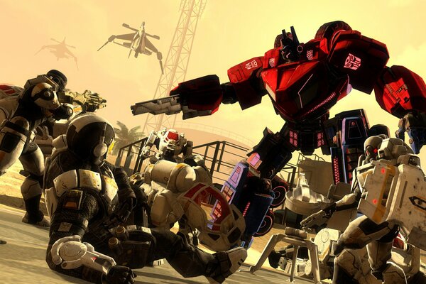 The battle of robotoa. Transformers on the background of the wasteland and drones