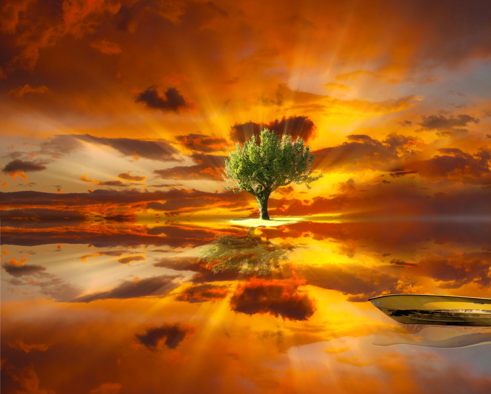 paysage ciel nuages eau réflexion arbre bateau