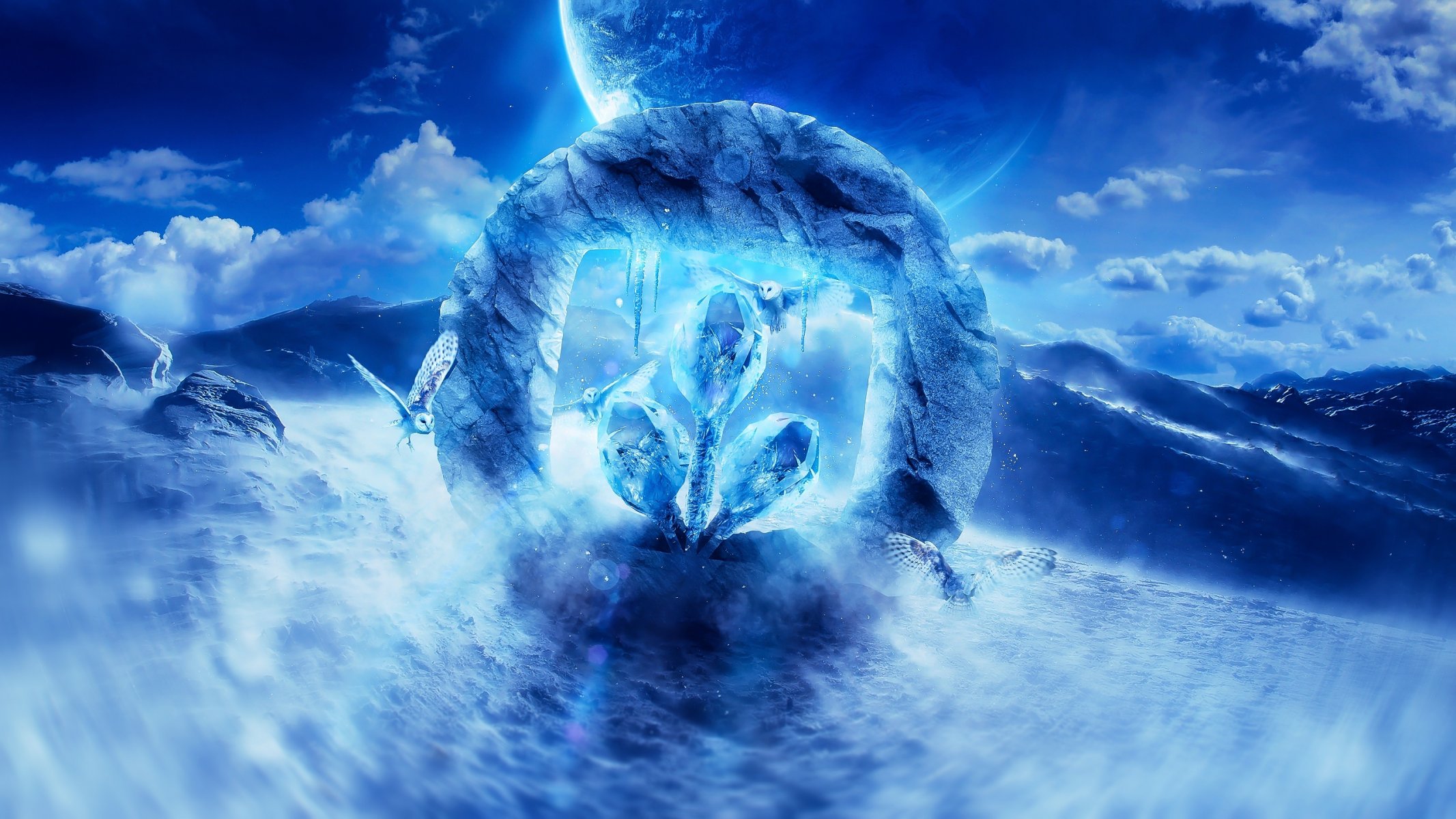 desktopography logo render digital art owl planet mountain