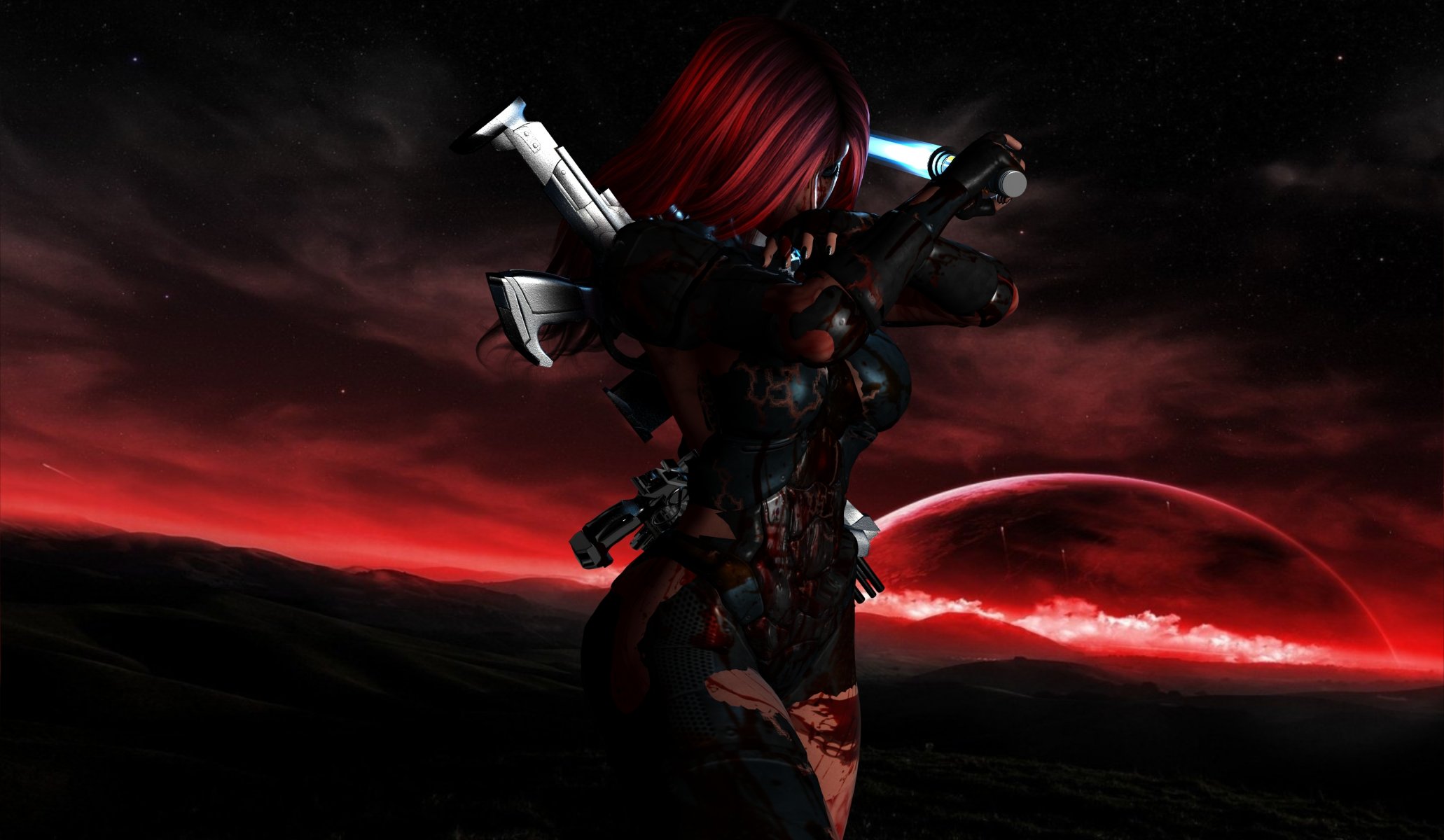 girl weapon suit blood planet star