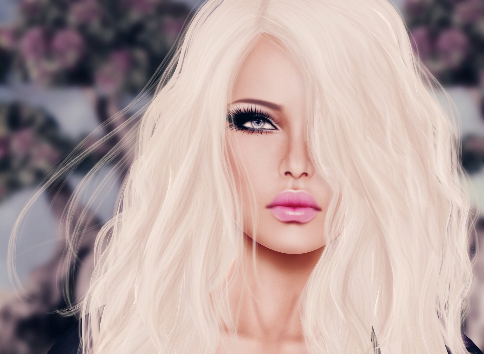 ragazza viso capelli labbra sguardo rendering sfondo