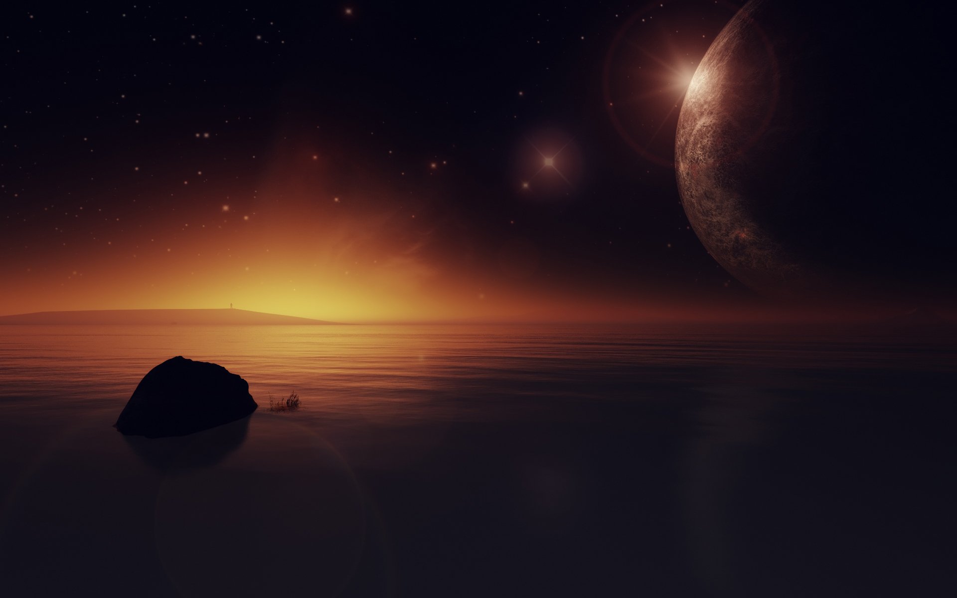 lago agua estrellas planeta render puesta de sol