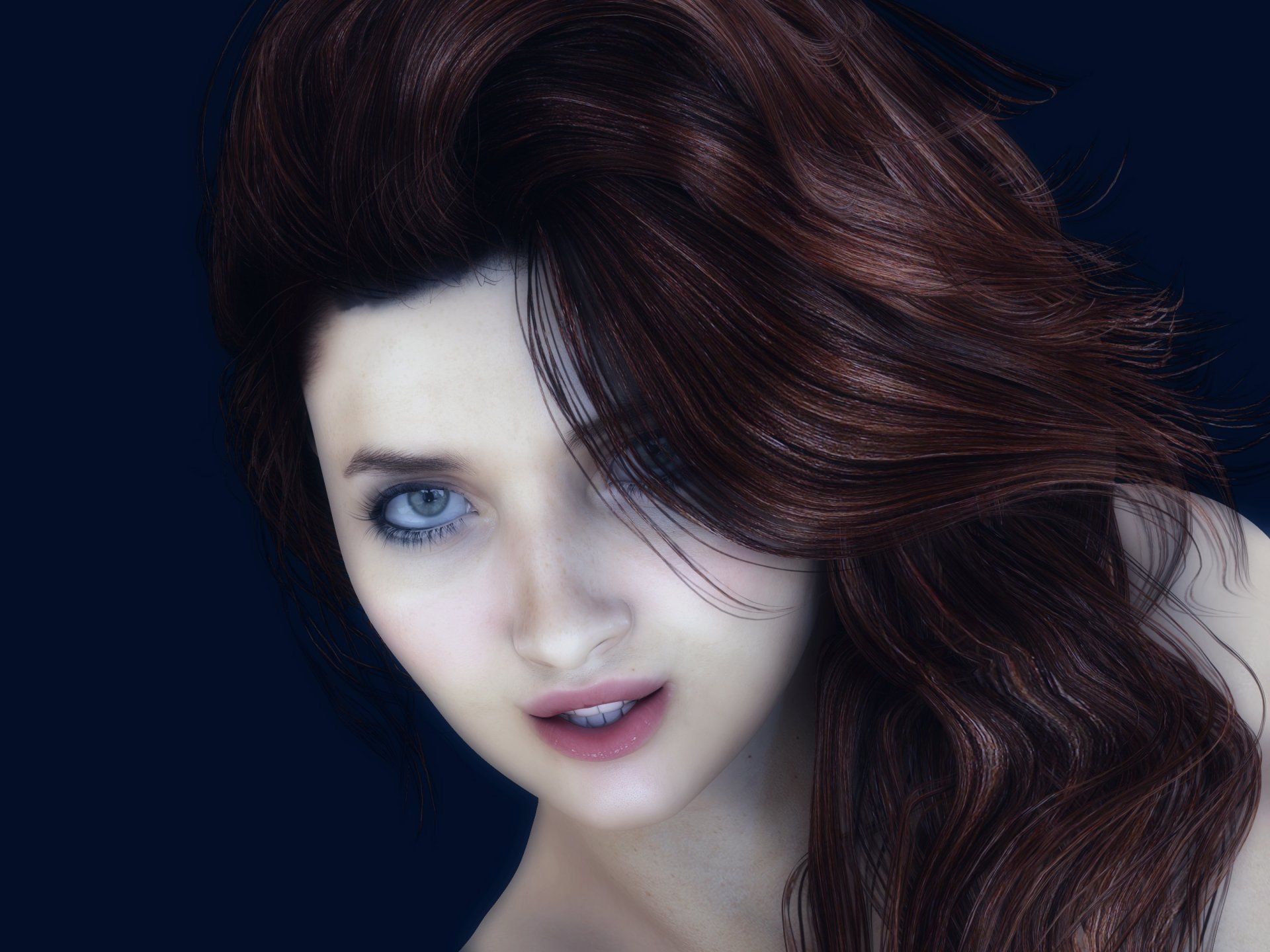 rendering ragazza viso sguardo lentiggini capelli rossa sfondo