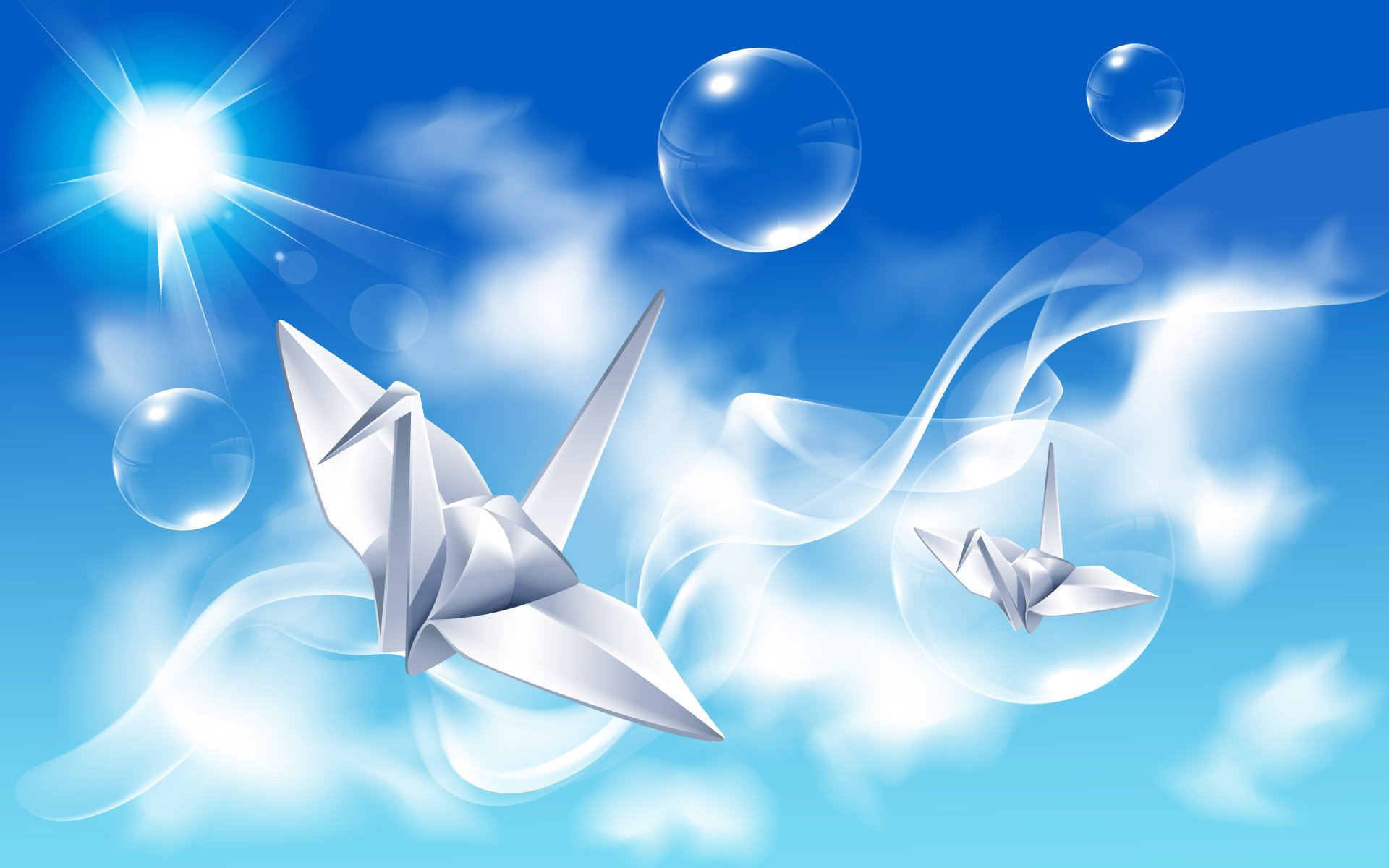 origami birds bubbles reflection rays sky creative