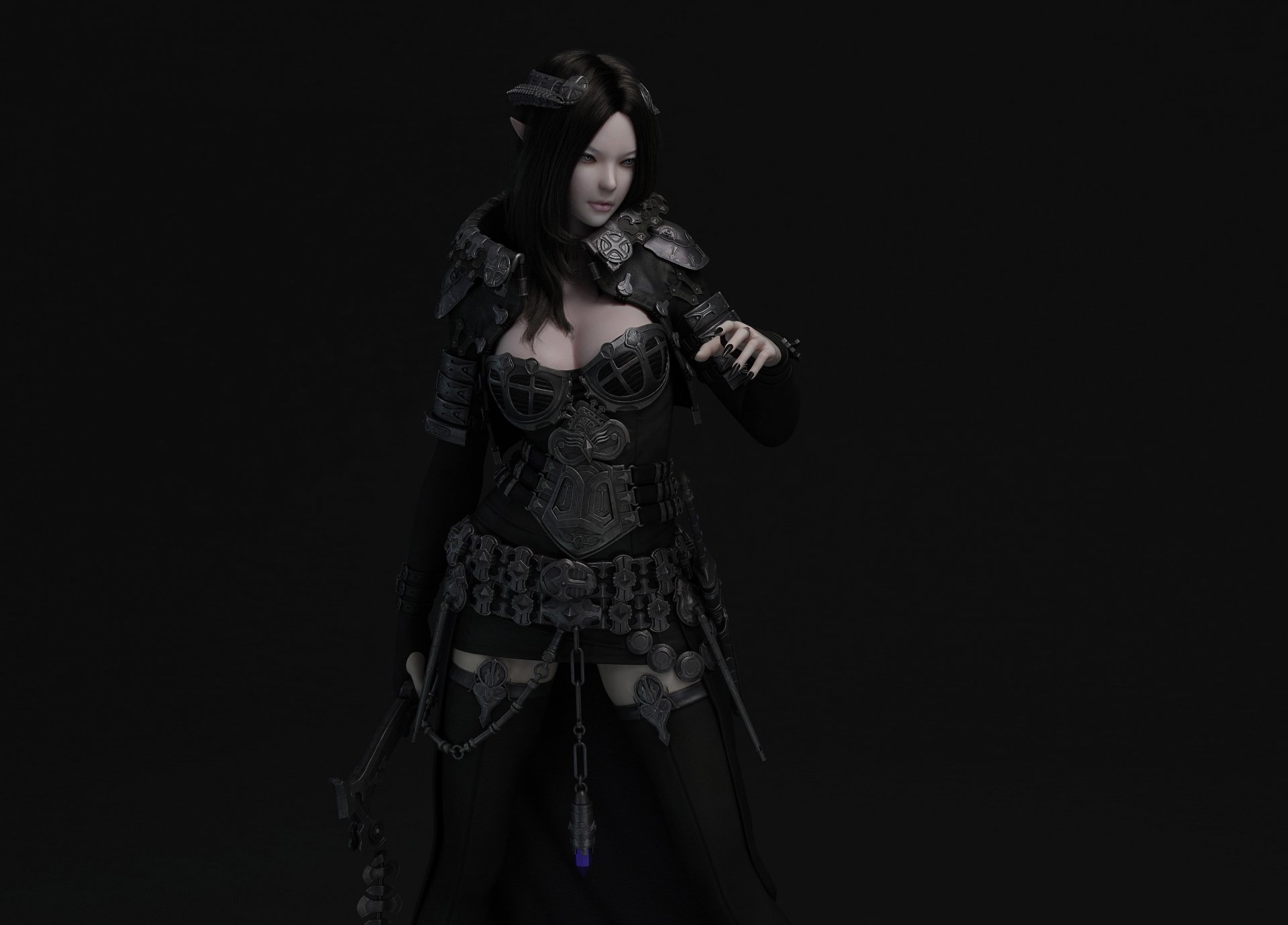 render girl ears armour weapon dark background