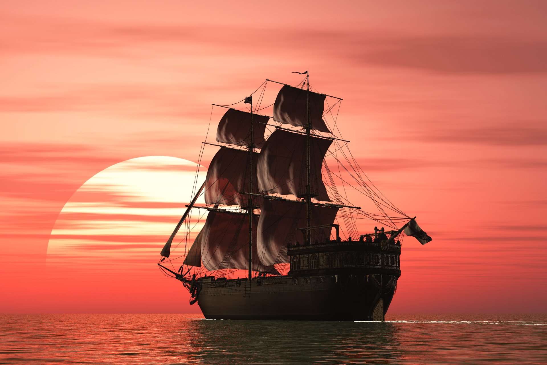 rendering ship sail sunset landscape ocean