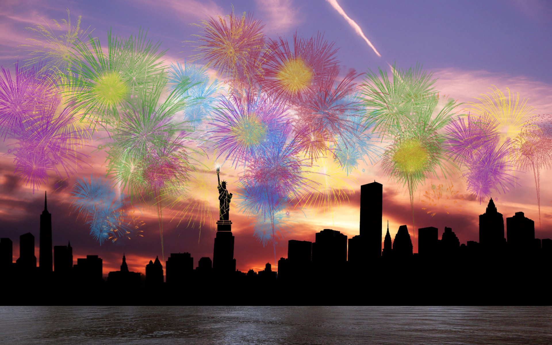 ky clouds salute fireworks town new york statue of liberty silhouette