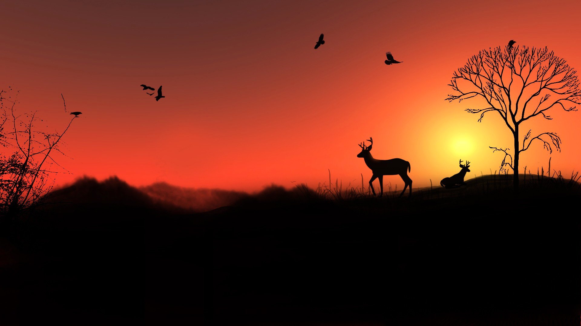 landscape sky birds reindeer tree hills sun sunset silhouette