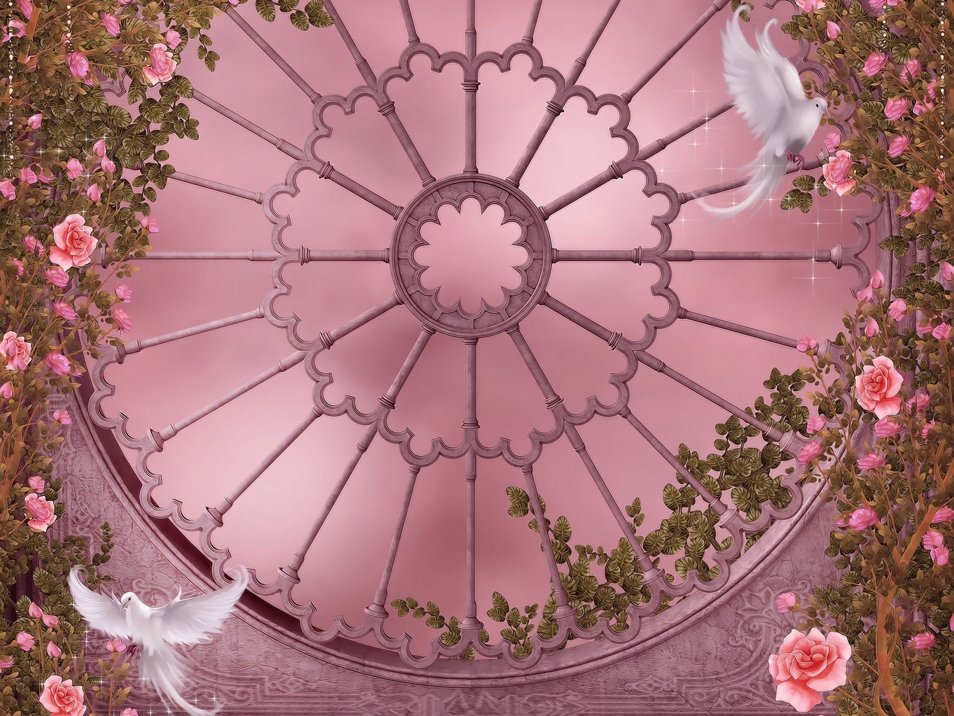 rose garden gothic architecture pigeon roses flowers garlands rose garden gothic style gothic pigeons window