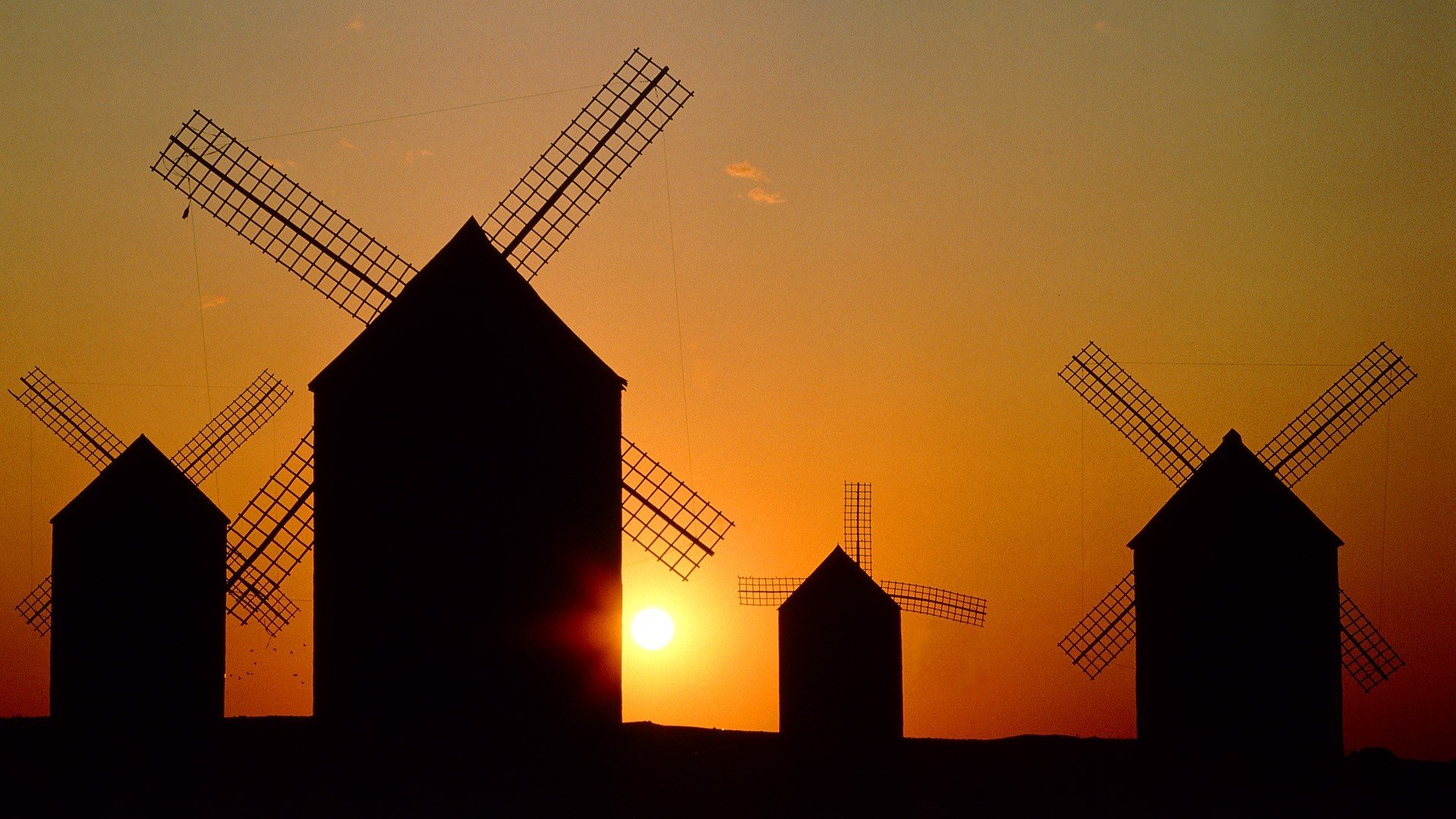 paysage moulin soleil coucher de soleil silhouette ciel