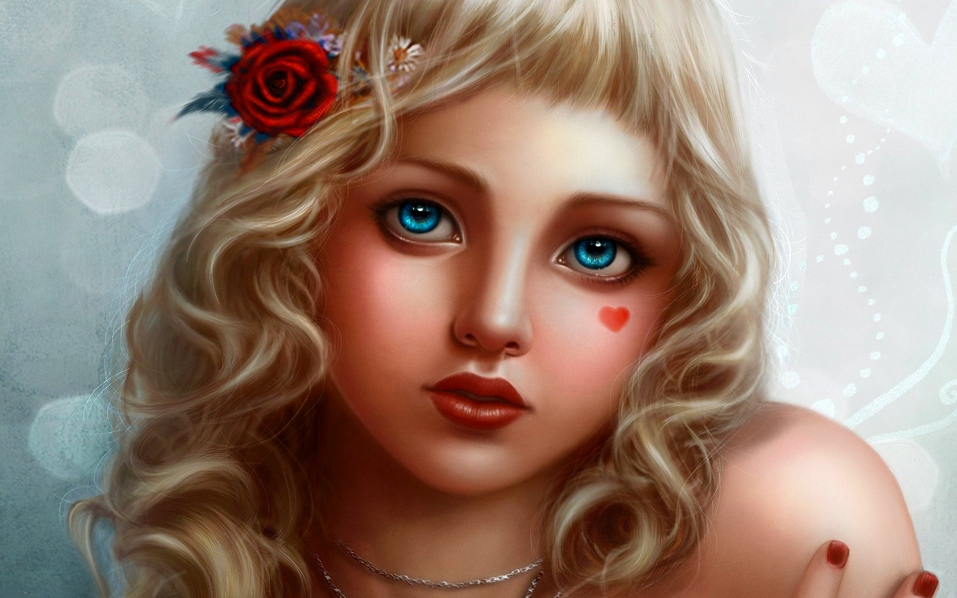 bubbly face child blue eyes blonde decoration view rosette in her hair heart