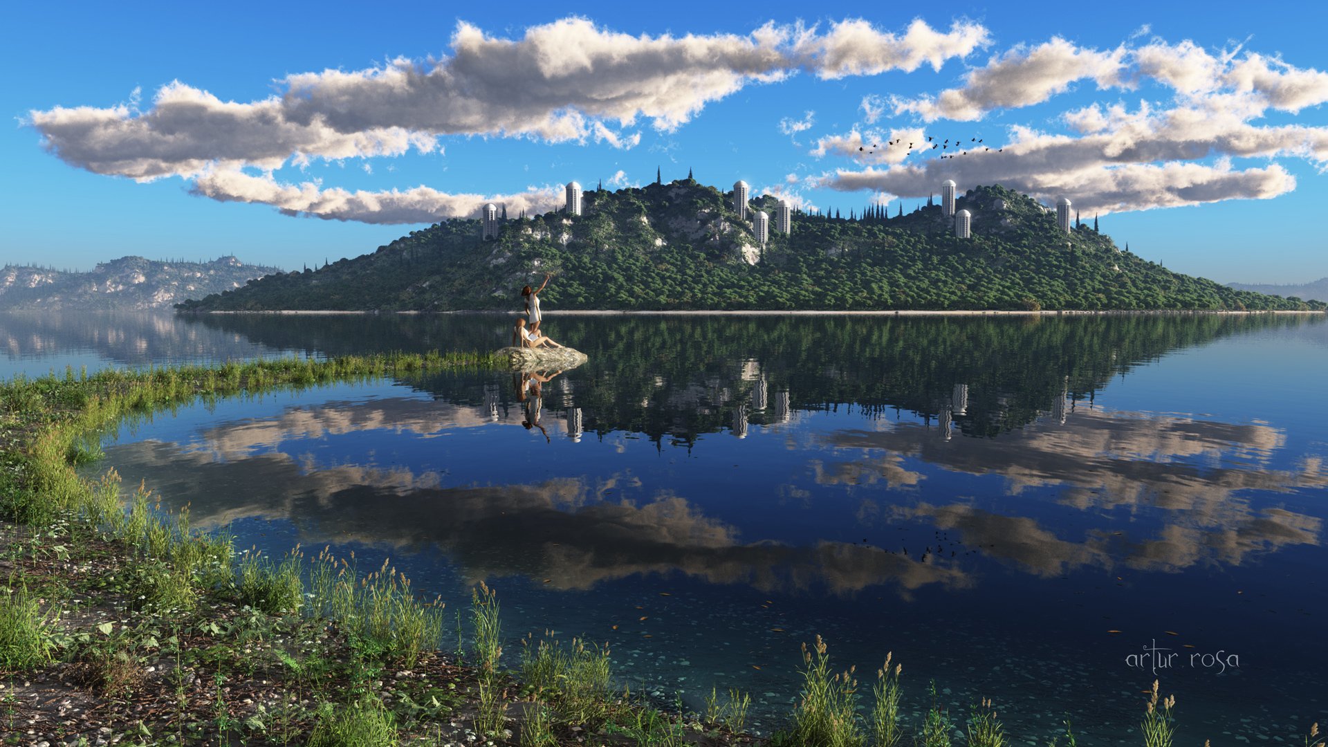 render lago superficie nubes costa niñas islas ciudad hierba reflexión