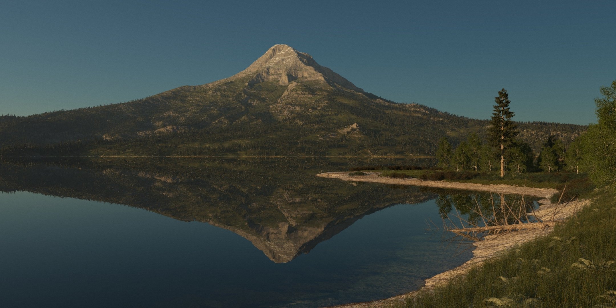 natura montagna lago superficie liscia riflessione legno secco erba verde