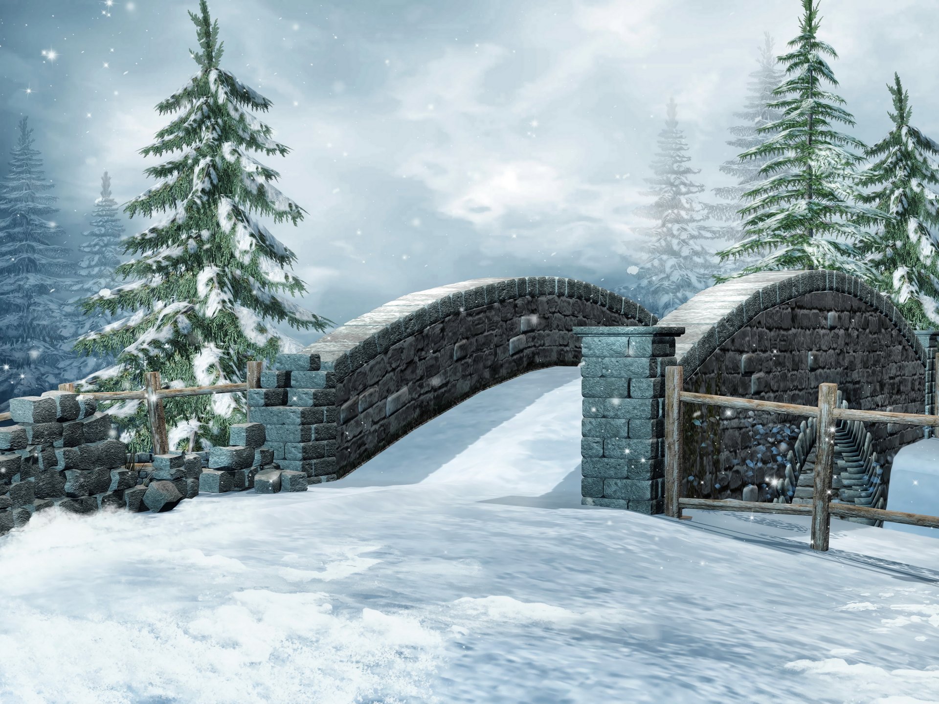 winter brücke fichte schnee natur 3d-grafik foto