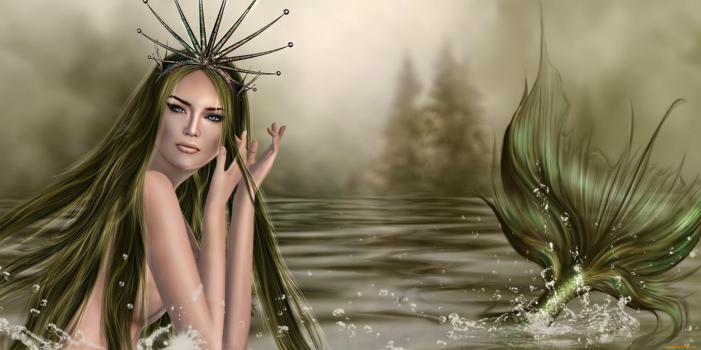 rendering sirena 3d coda pinna sguardo capelli mani