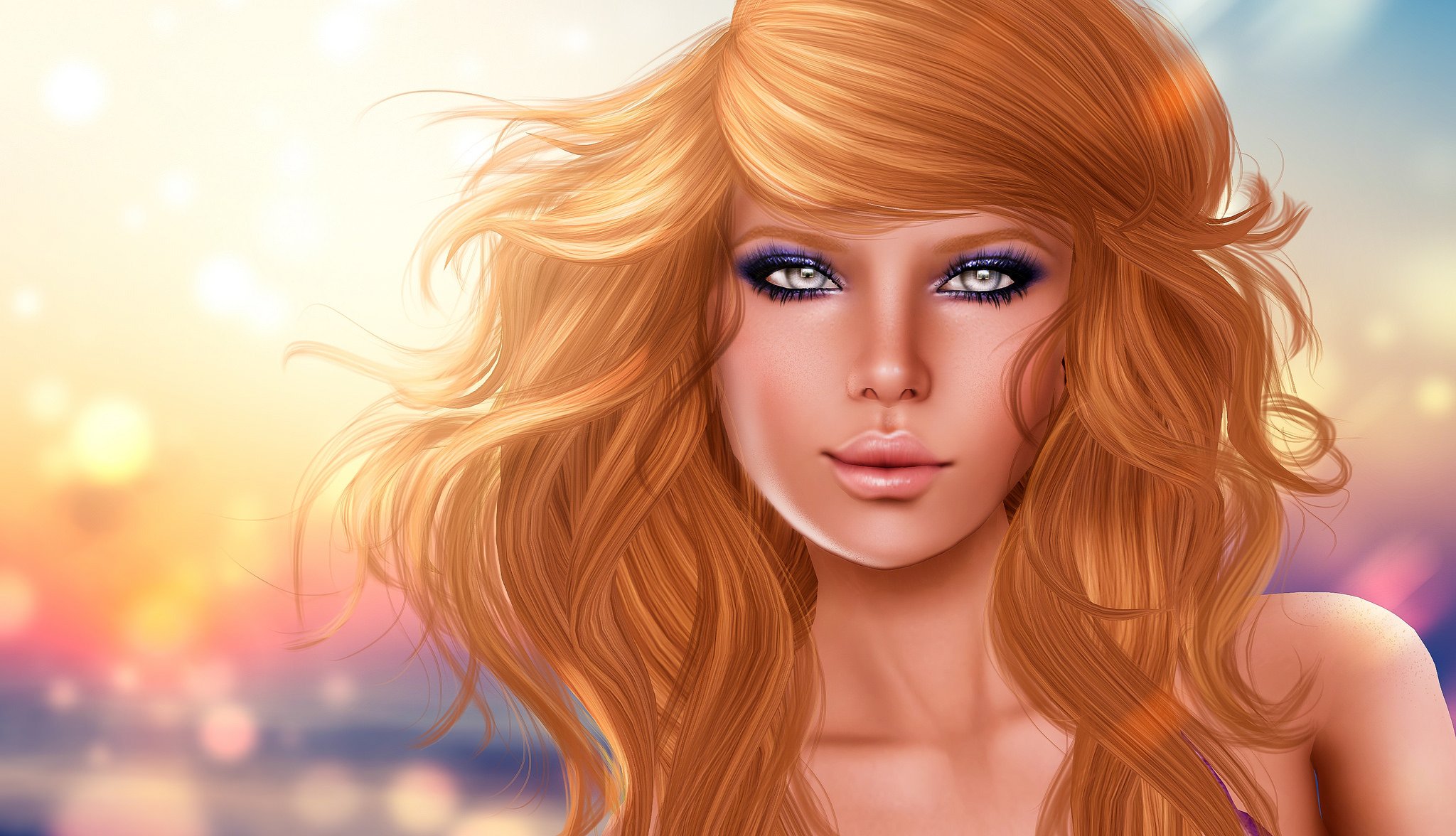 ragazza viso capelli sguardo rendering sfondo