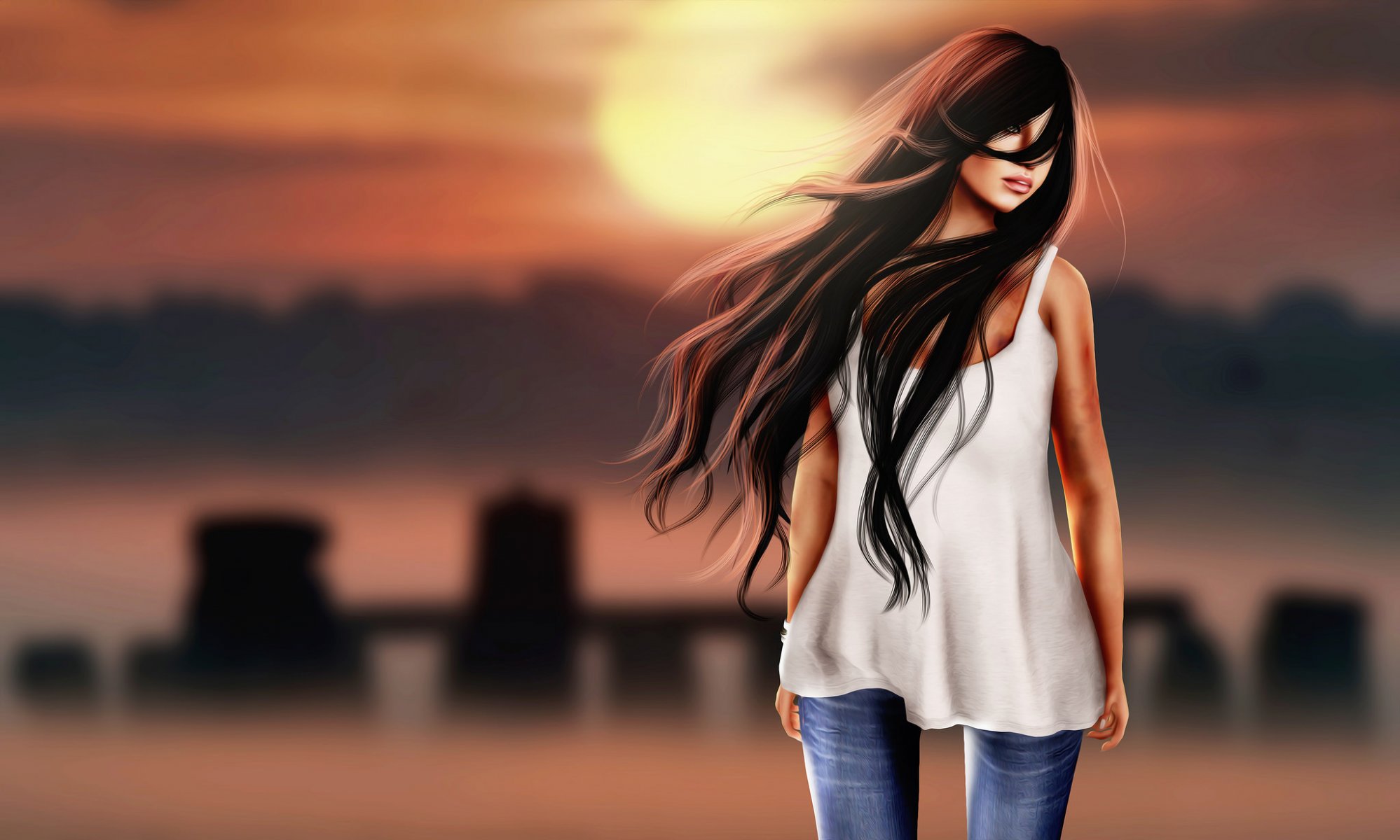 ragazza bruna viso capelli labbra vento rendering sfondo