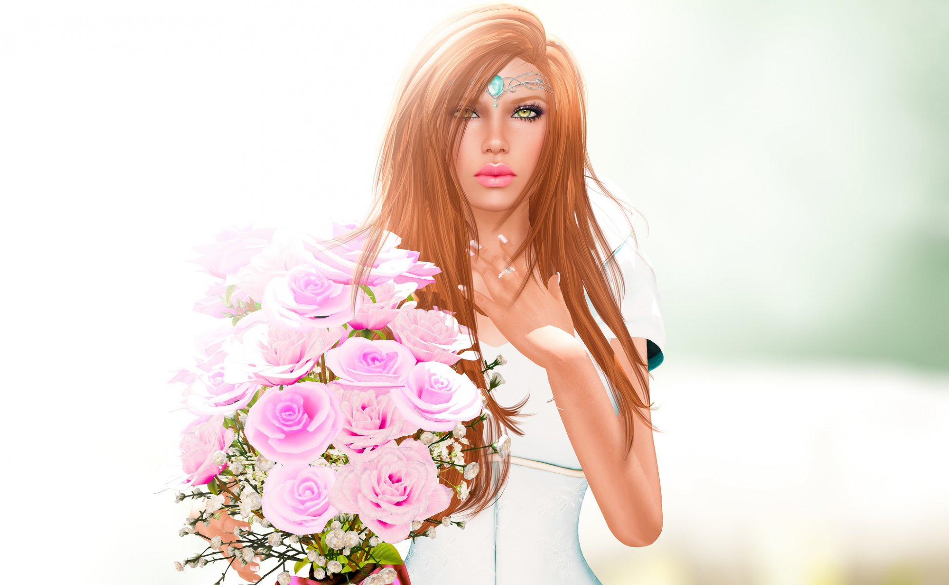 ragazza viso capelli sguardo fiori rendering