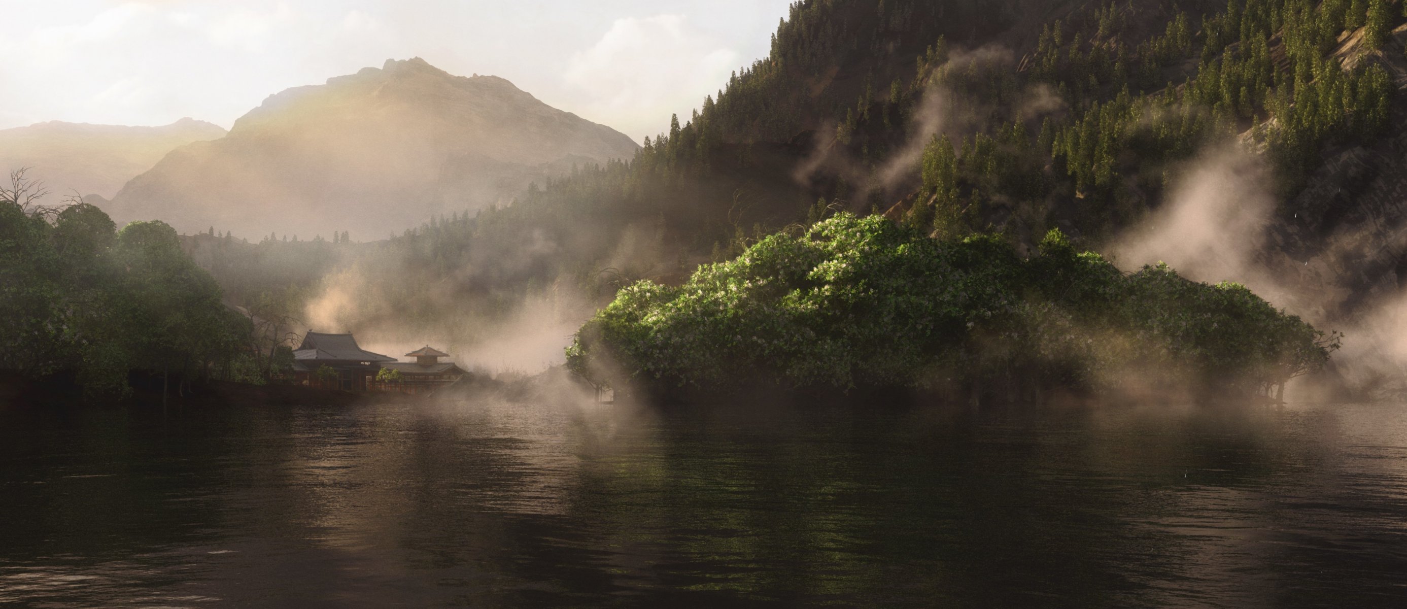 pour le rendu le paysage le lac les collines la verdure la maison asie