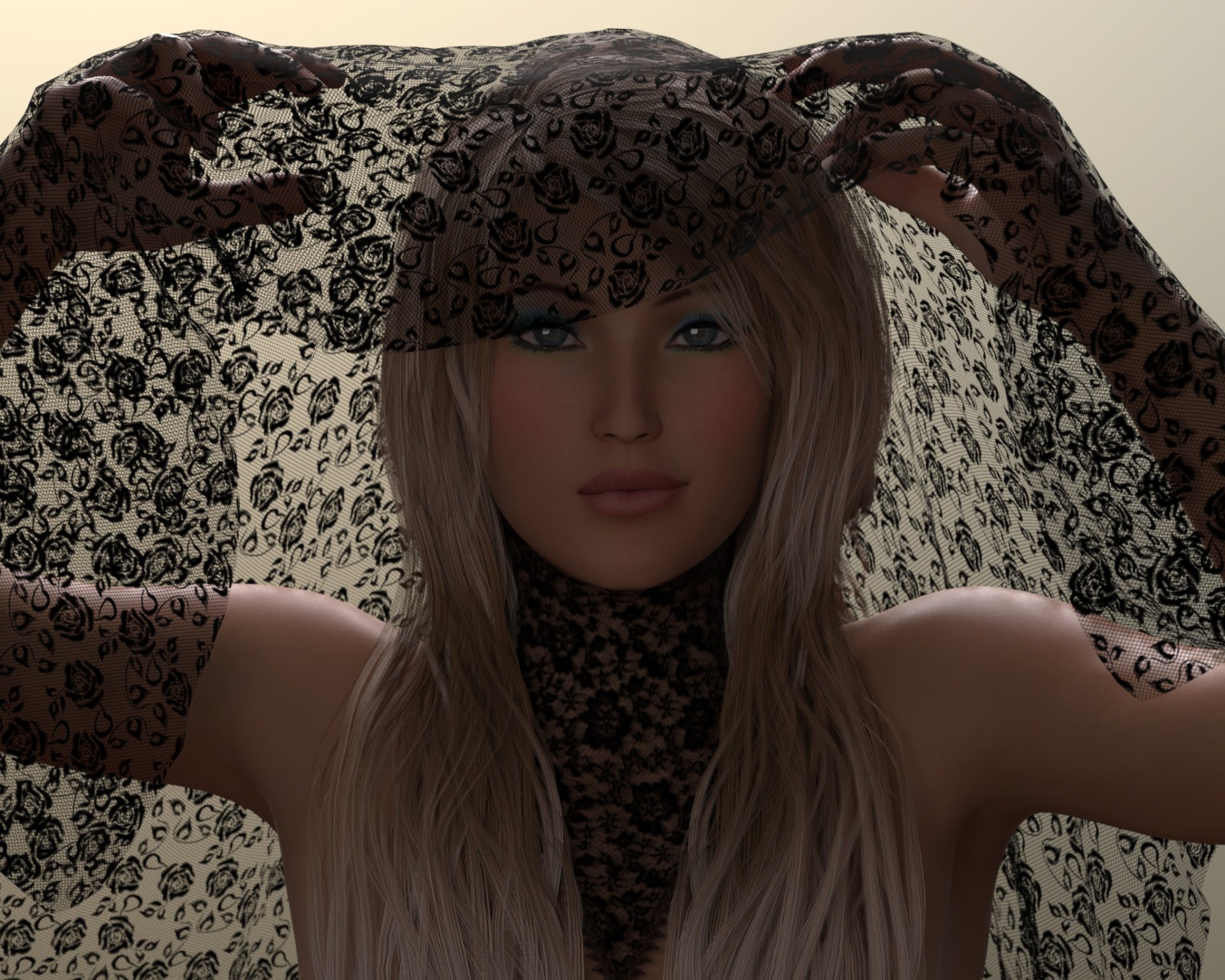 rendering 3d girl blonde make-up blue eyes hand. cloth