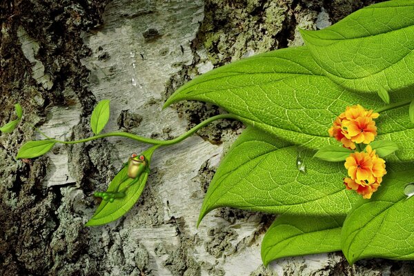 Feuilles et fleurs sur fond de tronc d arbre