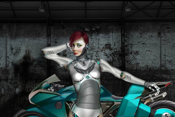 Robot girl on a metal motorcycle