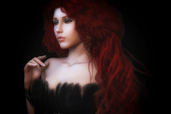Curly red-haired girl on a black background