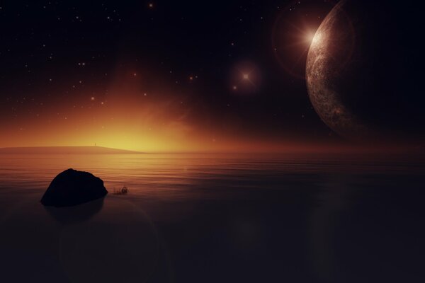 Sunset over a lake on a mysterious planet