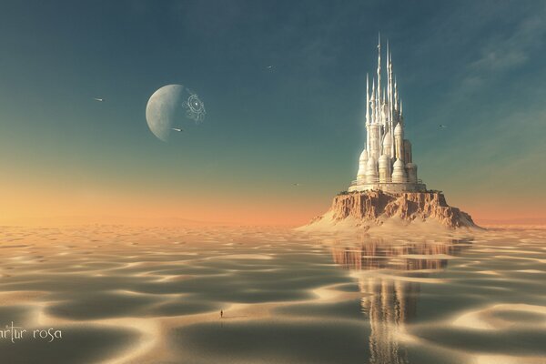 A castle on an island on another planet