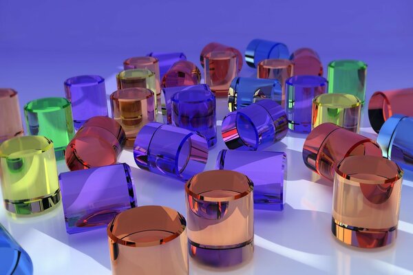 Cylindres en verre multicolores dispersés de manière chaotique